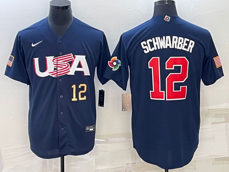 Men 2023 World Cub USA #12 Schwarber Blue Nike MLB Jersey5